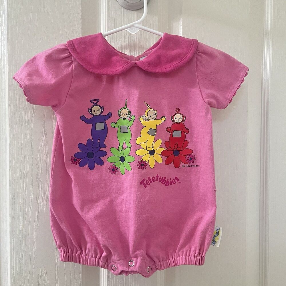 Vintage Teletubbies Pink Collared Bubble Romper 1998 Girls Size 12 Months HOLES